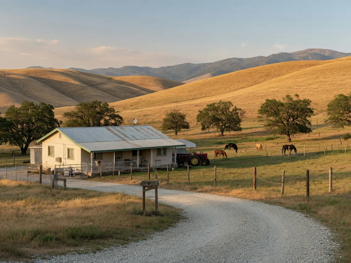 A rural Merced County foothill property with a metal-roofed ranch house, fenced pasture, scattered oaks, and rolling golden hills toward the Sierra Nevada