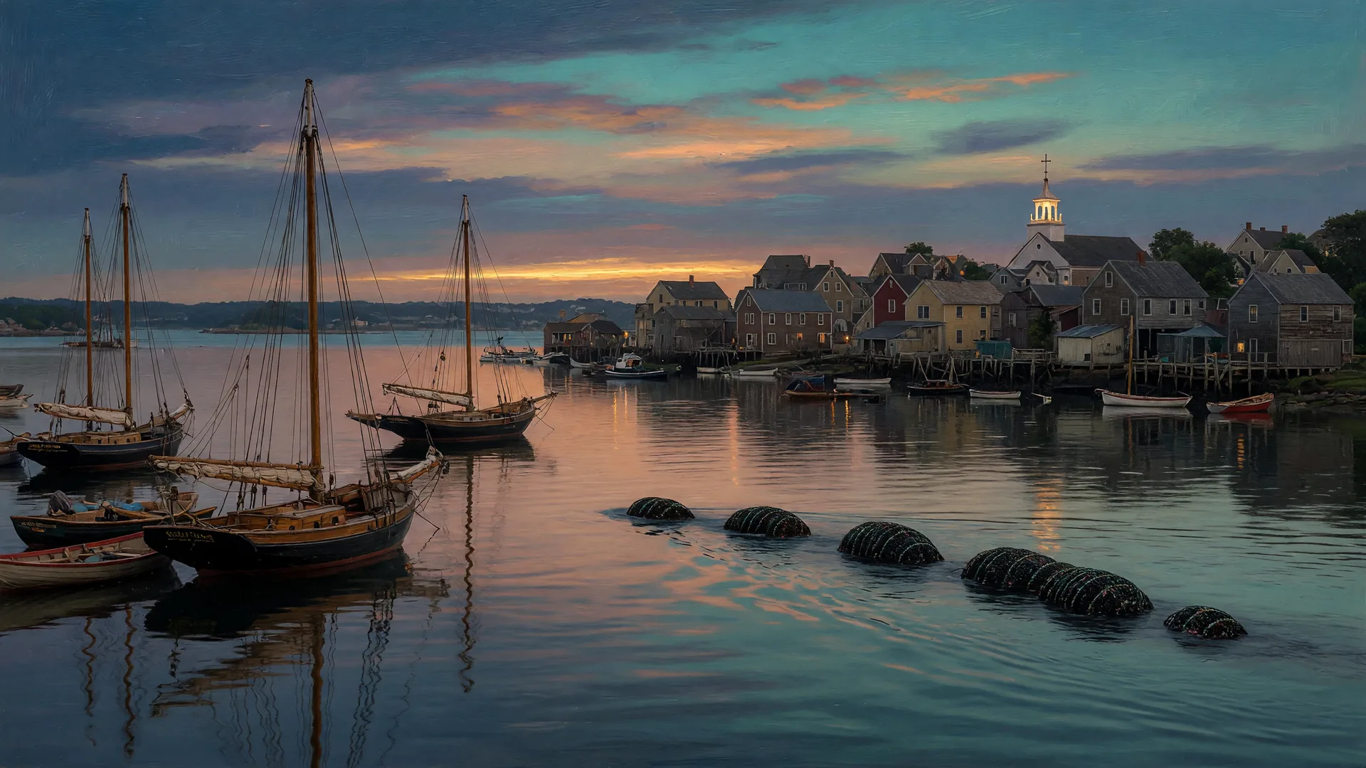 A wide oil-painting-style view of Gloucester Harbor at dusk in 1817, with the sea serpent gliding past the schooners