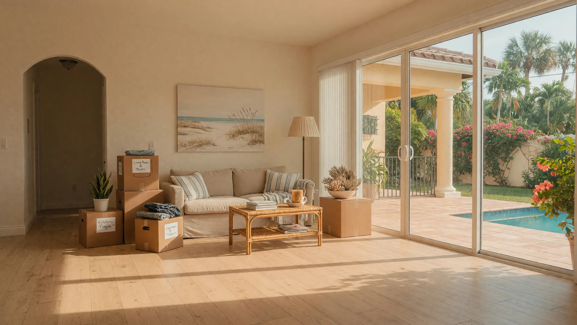 A bright, sunlit Florida living room with wood floors and carefully packed moving boxes near the door, warm afternoon light streaming through sliding glass doors