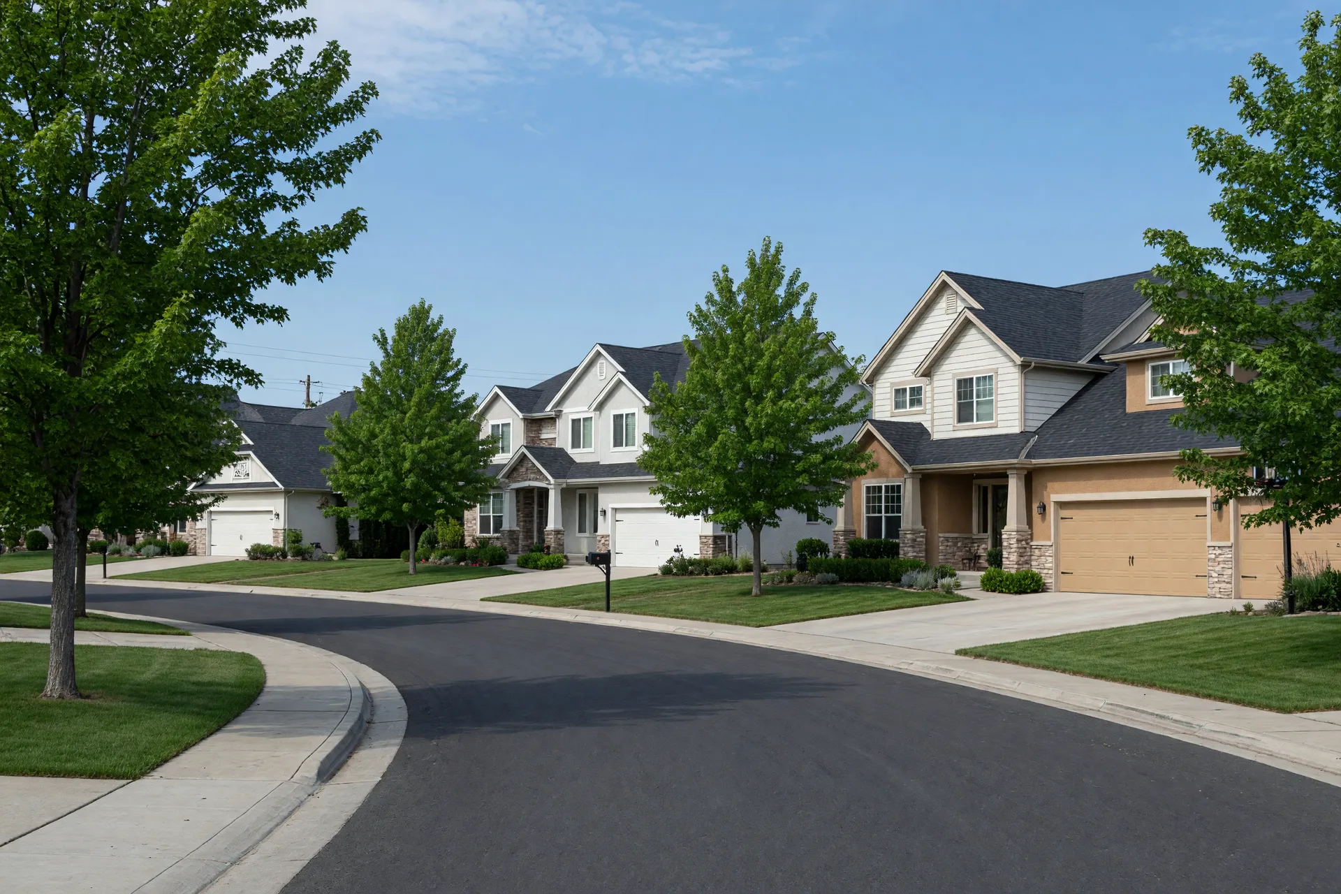 Tree-lined residential street with two-story single-family homes