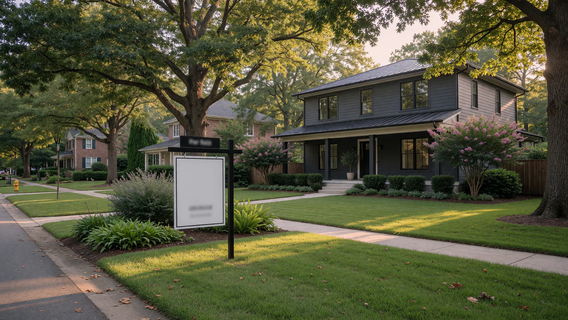 A well-maintained Atlanta home on a tree-lined street with a For Sale sign in the front yard during late summer afternoon light