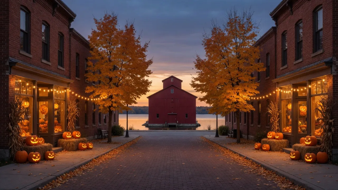 Heritage storefronts along Queen Street in downtown Port Perry on Halloween weekend at dusk, with glowing carved jack-o'-lanterns, pumpkins and hay bales outside the shops, string lights overhead, and the red grain mill tower beside Lake Scugog at the end of the street
