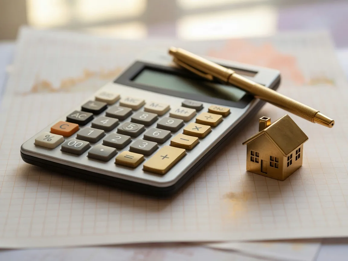 A calculator, gold pen, and small brass house model on warm graph paper with soft window light