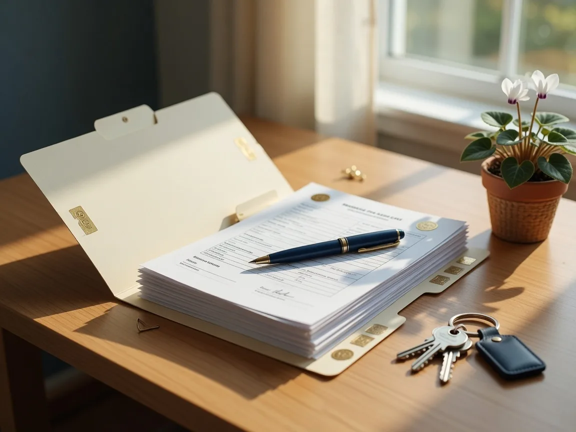 Pre-approval paperwork, a pen, and house keys arranged on a bright desk near a window