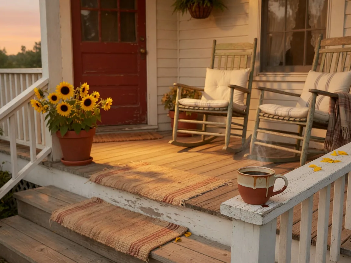 A cozy farmhouse front porch with rocking chairs and sunflowers at golden hour