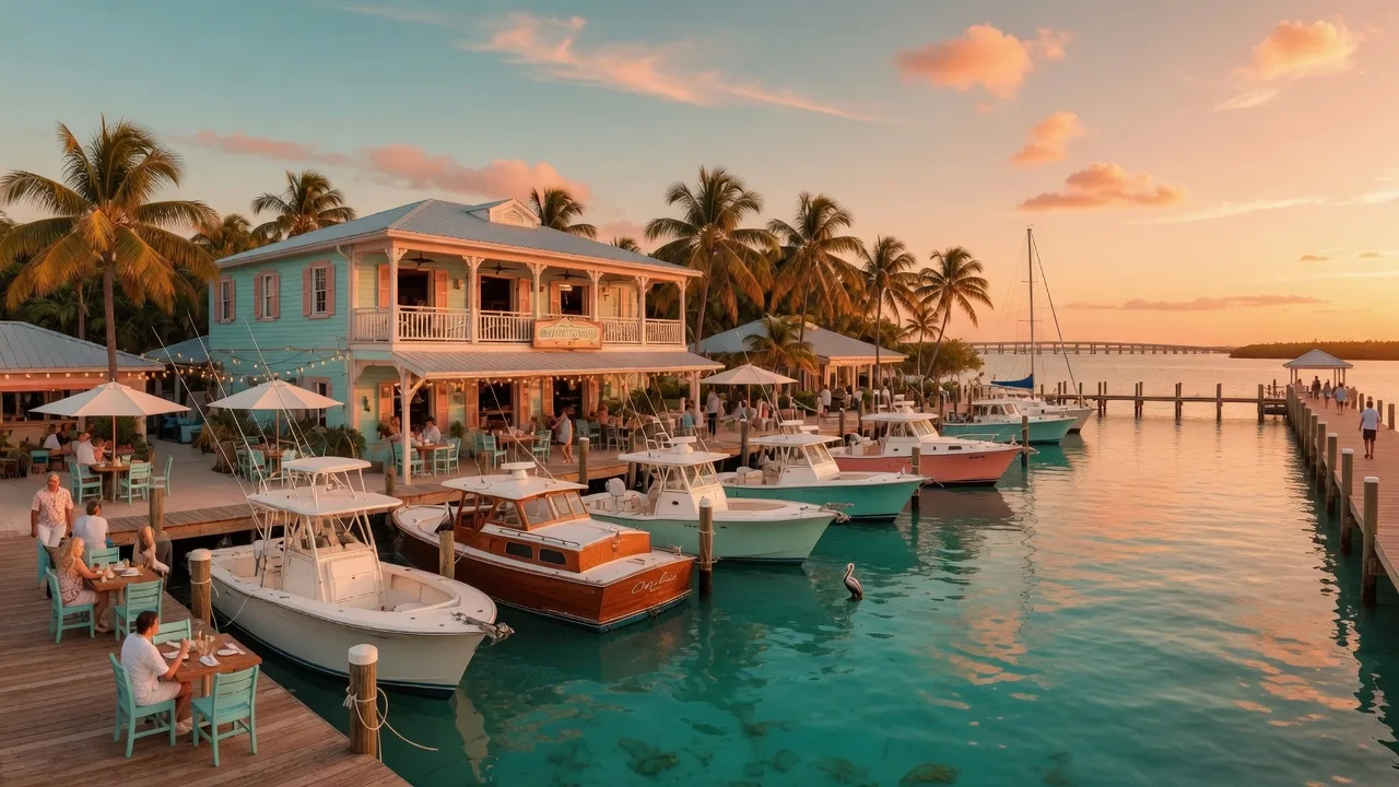 Burdines Waterfront restaurant and marina in Marathon at golden hour with docked boats, palm trees, and waterfront dining area over turquoise Gulf water