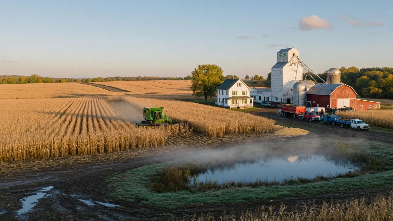 Cinematic wide view of a Wisconsin farm in late September after rain, a combine working a golden dry-down cornfield, a white farmhouse and red barn beside a country grain elevator with trucks in the lane, damp soil up front, morning mist rolling off a pond, and a frost-clear blue sky