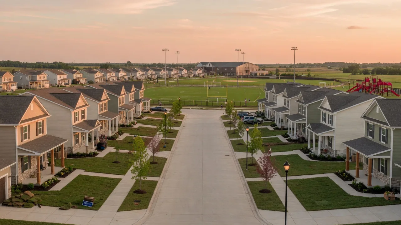New construction family community in Westfield, Indiana with craftsman homes and green landscaping near Grand Park