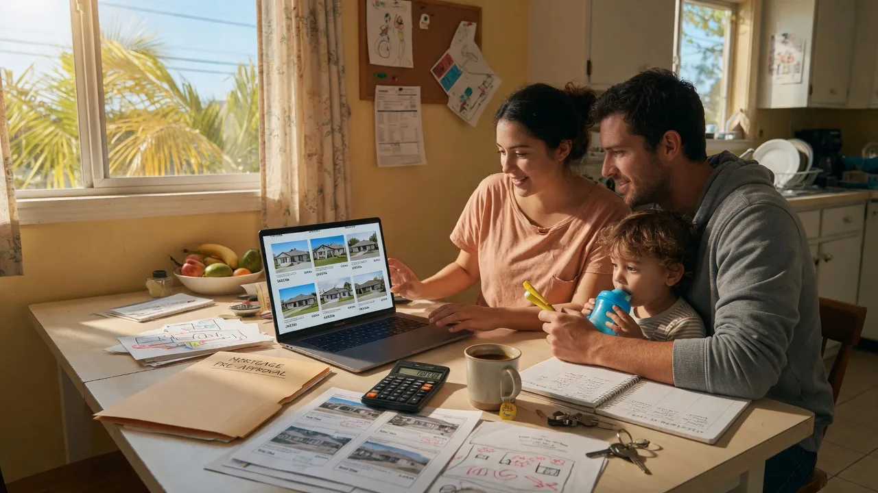 Family reviewing house listings and financial documents at a sunlit kitchen table with a laptop and calculator