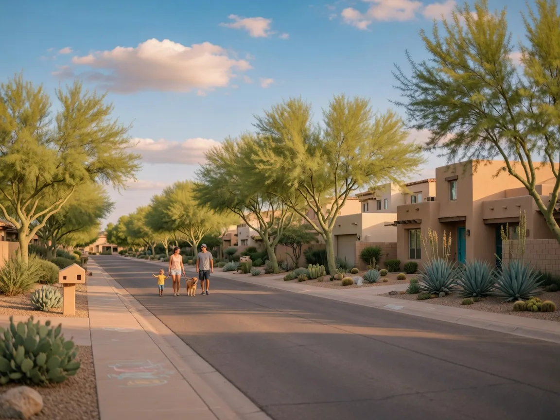 Tree-lined residential street in Gilbert, Arizona with modern Southwestern homes and desert landscaping on a sunny summer morning