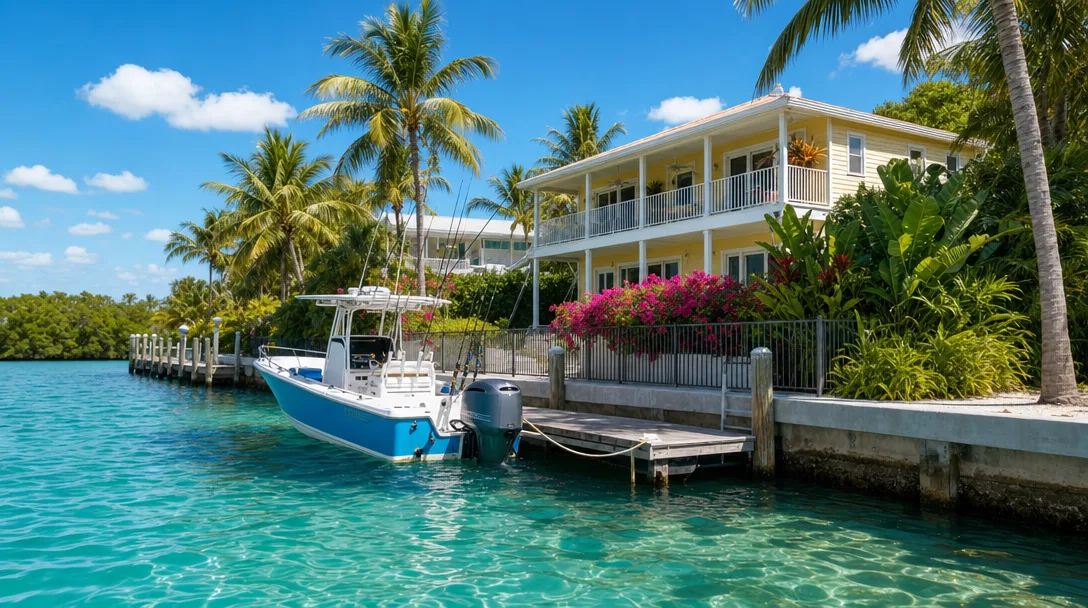 Water-level view of a stilt-style canal-front home in the Florida Keys with concrete seawall, wooden dock, and center console fishing boat on turquoise water