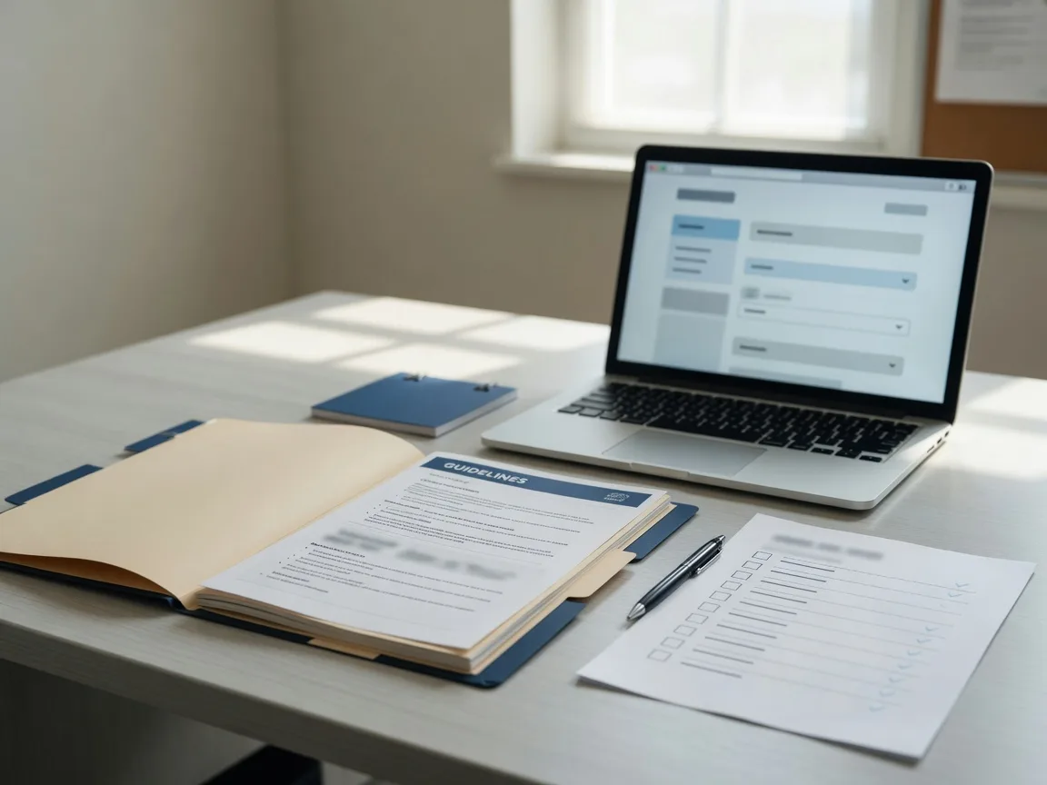 Institutional desk with an FHA program guidelines folder and form layouts for a Pre-Foreclosure Sale review
