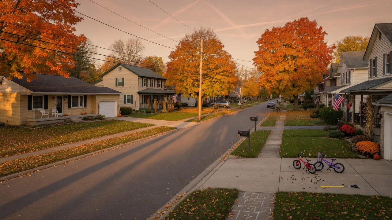 A tree-lined suburban neighborhood street in Dayton Ohio with autumn foliage and well-maintained homes