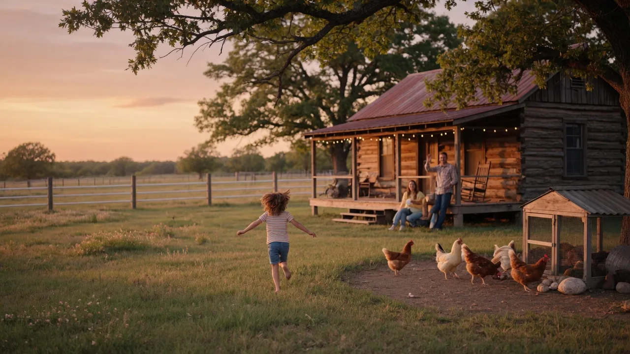 Golden hour scene on a Northeast Texas acreage with a log cabin, open pasture, and room to roam