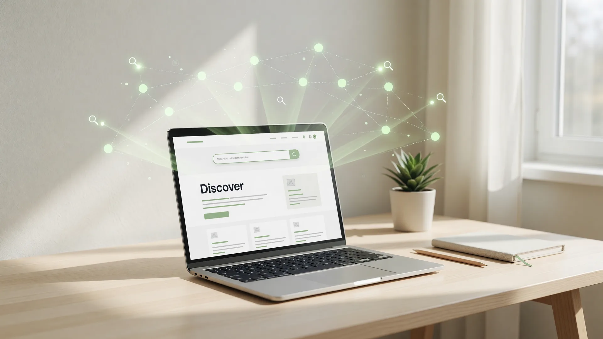 Laptop displaying a clean website with glowing AI search connections floating above the screen