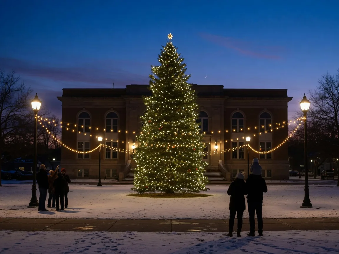 Glowing evergreen Christmas tree in front of a civic plaza on a winter evening with warm string lights and a deep blue dusk sky