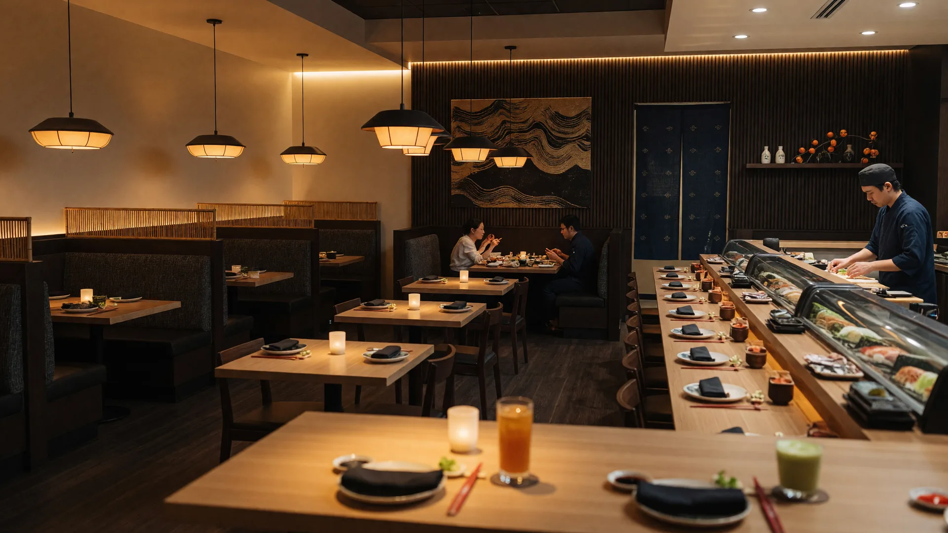 Warm and inviting interior of Umami Tavern Japanese fusion restaurant in Braselton Georgia featuring wooden tables ambient pendant lighting and cozy booth seating