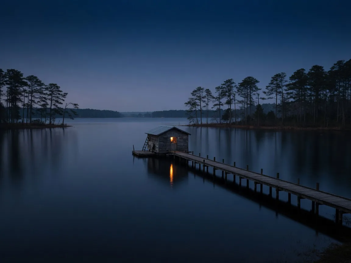 Blue-hour view of a Whispering Pines lake with a pier, boathouse, and longleaf pines