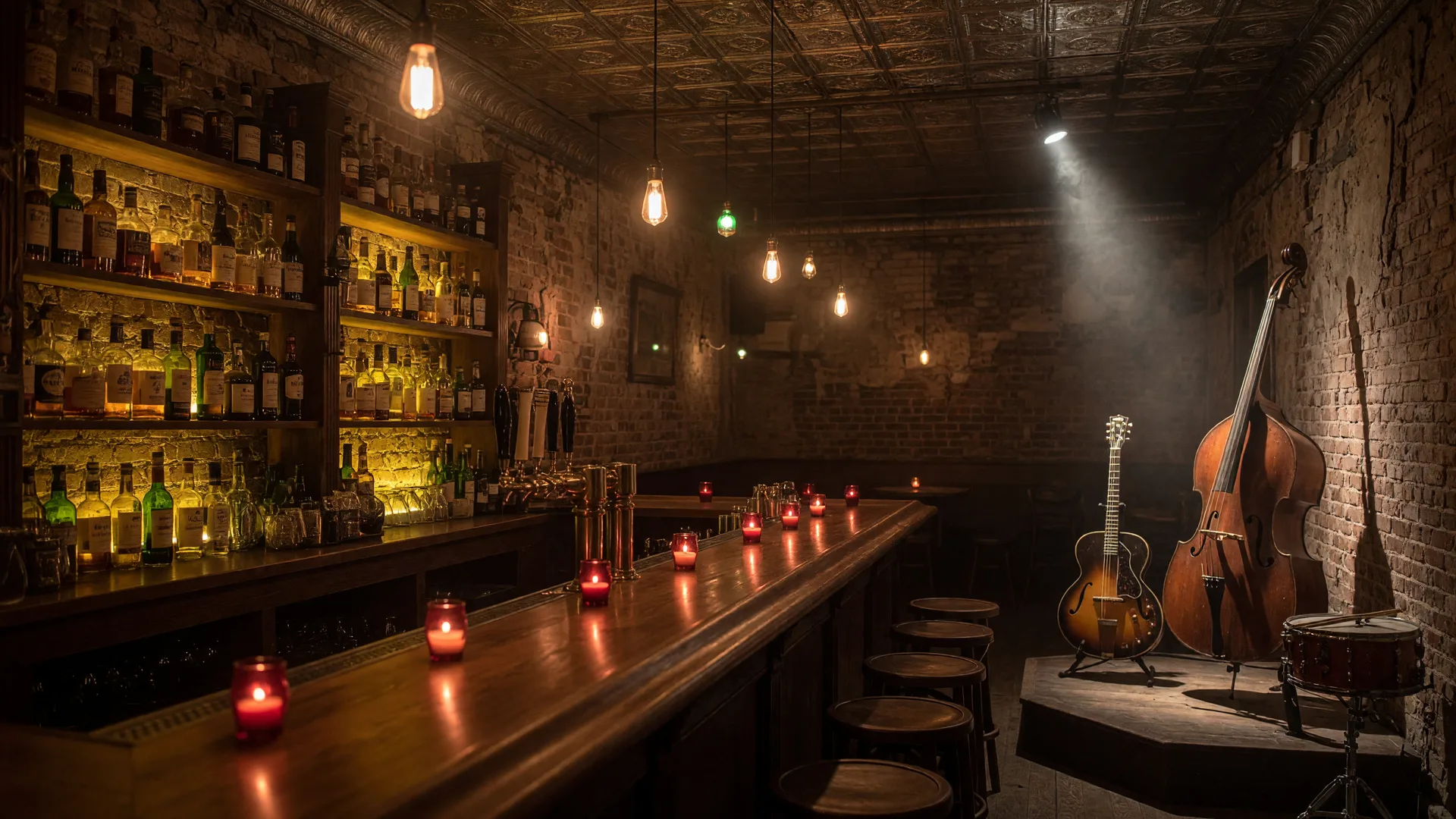 A historic brick tavern bar in Old Pasadena at night with brass taps, backlit amber bottles, and warm Edison bulbs