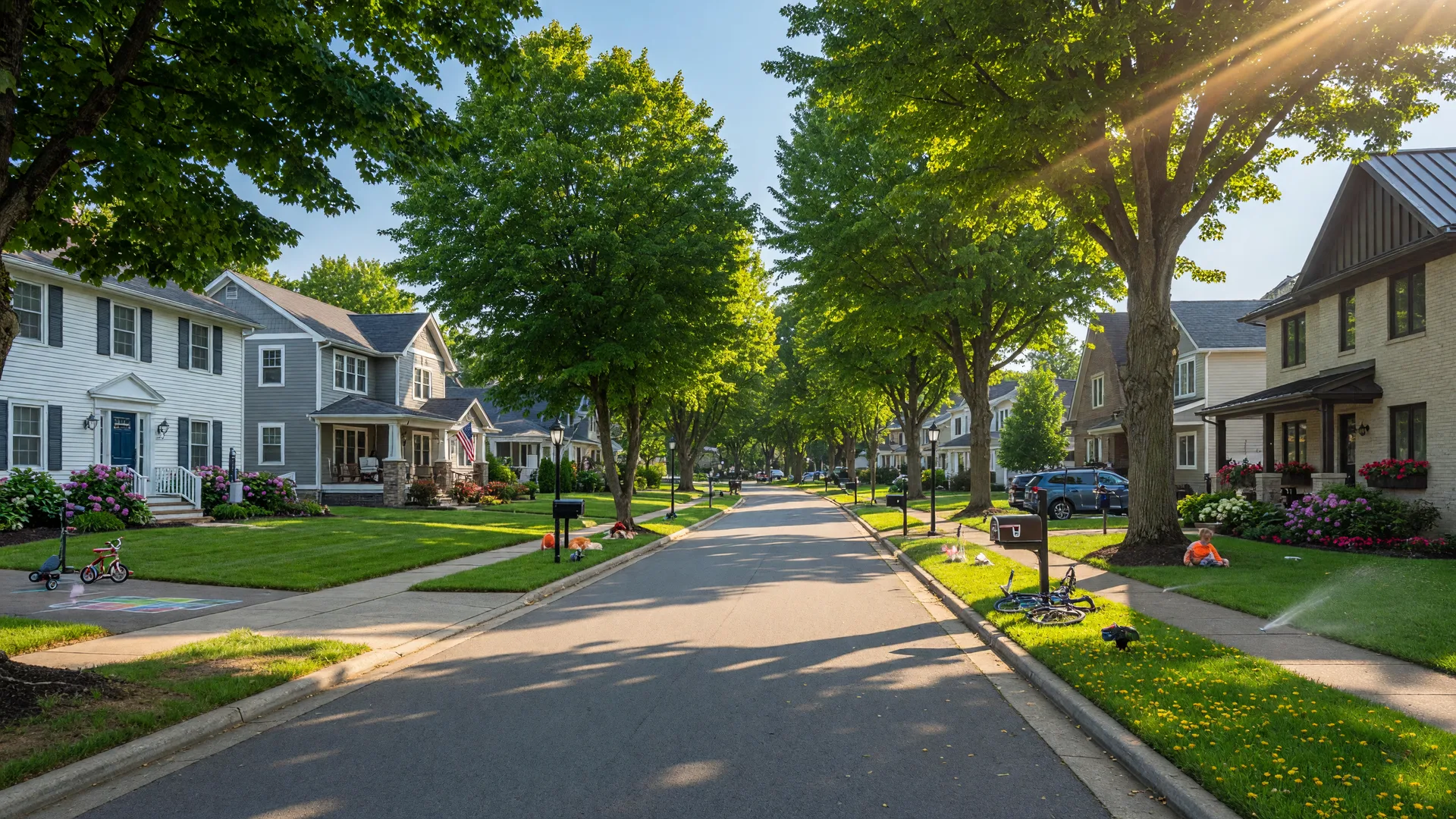 A sunny tree-lined residential street in Springboro, Ohio with well-maintained homes and green lawns