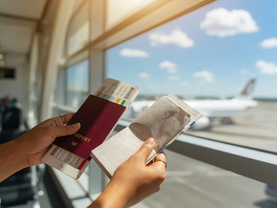 Hands holding travel documents at a sunlit airport window, symbolizing freedom and intentional time off