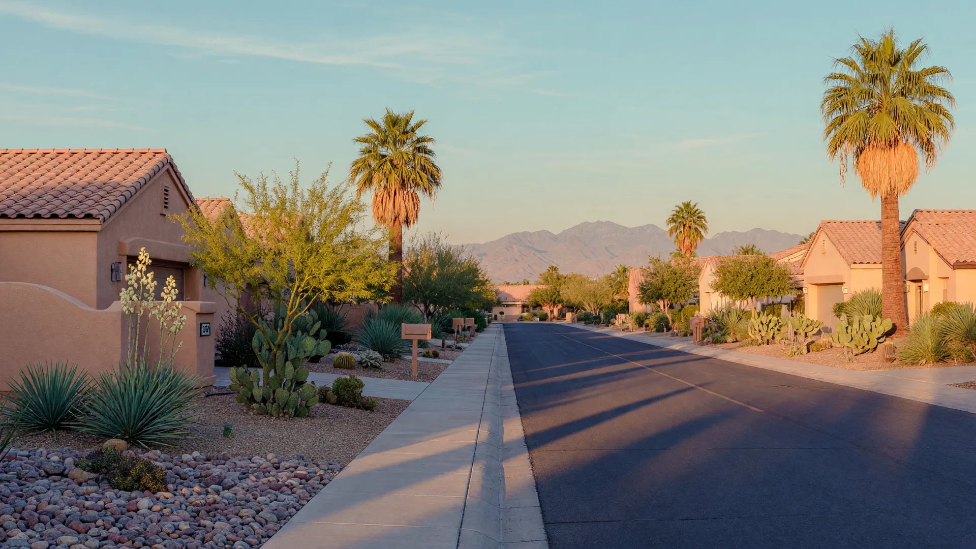 Quiet residential street in Gilbert, Arizona on a clear late-September afternoon, modern Southwestern homes, desert landscaping, and the San Tan Mountains on the horizon