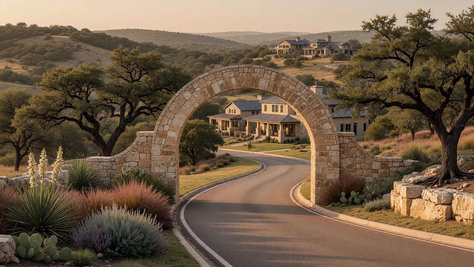 A limestone entrance arch to a Texas Hill Country master-planned subdivision