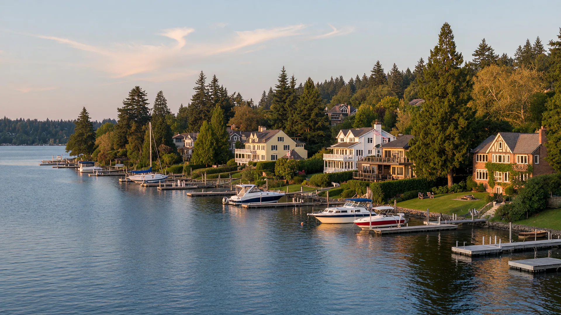 Oswego Lake waterfront with elegant lakeside homes and dock views at golden hour