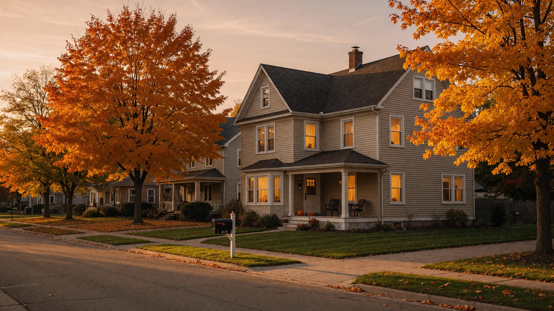 A beige two-story Mid-Michigan family home with white trim under gold and orange autumn maples at golden hour, warm light glowing from the windows