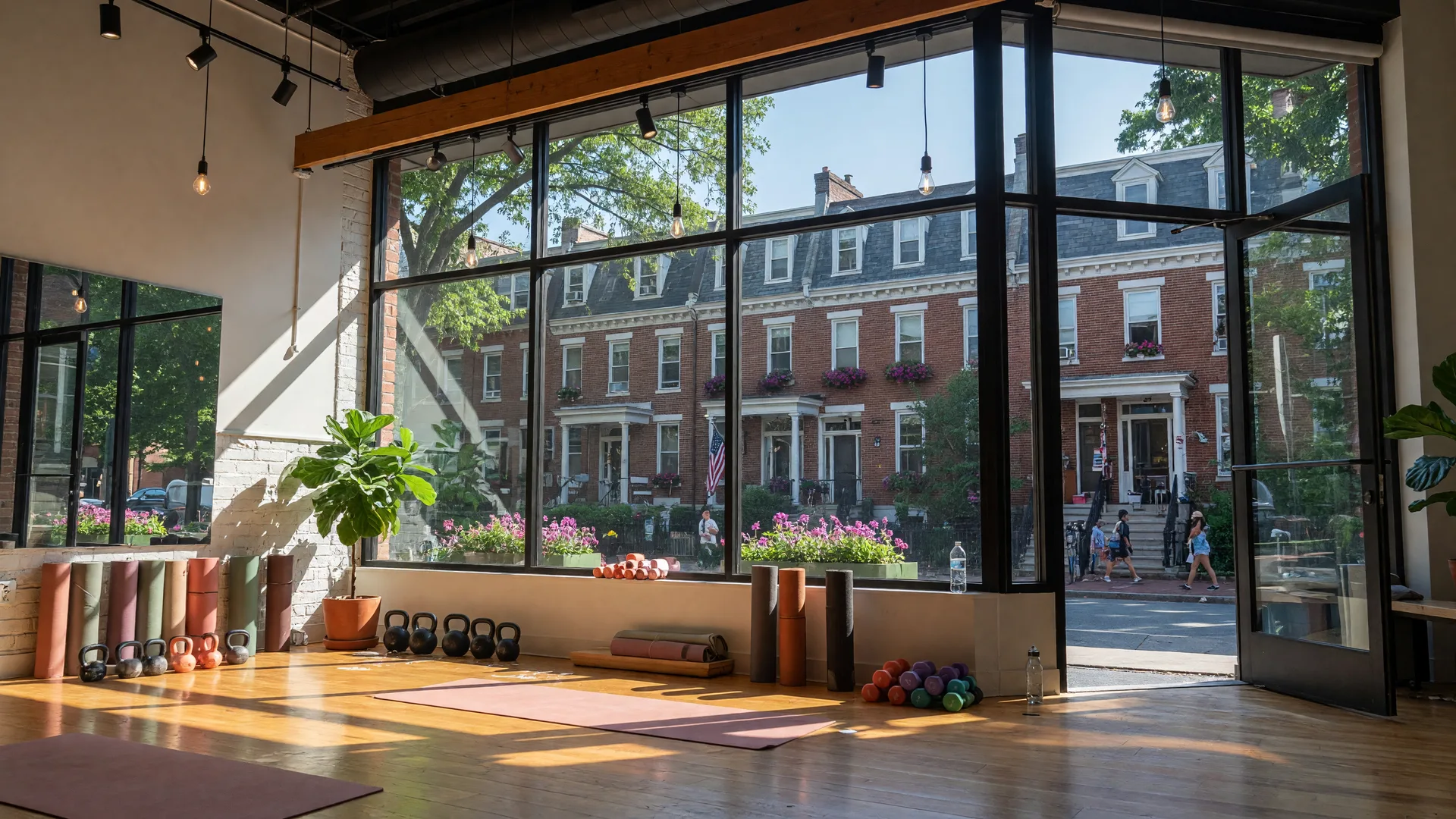 Modern boutique fitness studio storefront in Capitol Hill, Washington DC with large glass windows, warm interior lighting, polished wood floors, and historic brick rowhouses visible in the background on a bright summer morning