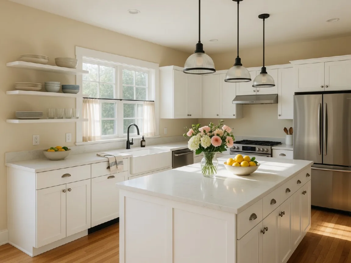 Staged Merced County kitchen with white shaker cabinets, quartz countertops, farmhouse sink, fresh flowers, pendant lighting, and stainless steel appliances. Bright natural light fills the room.