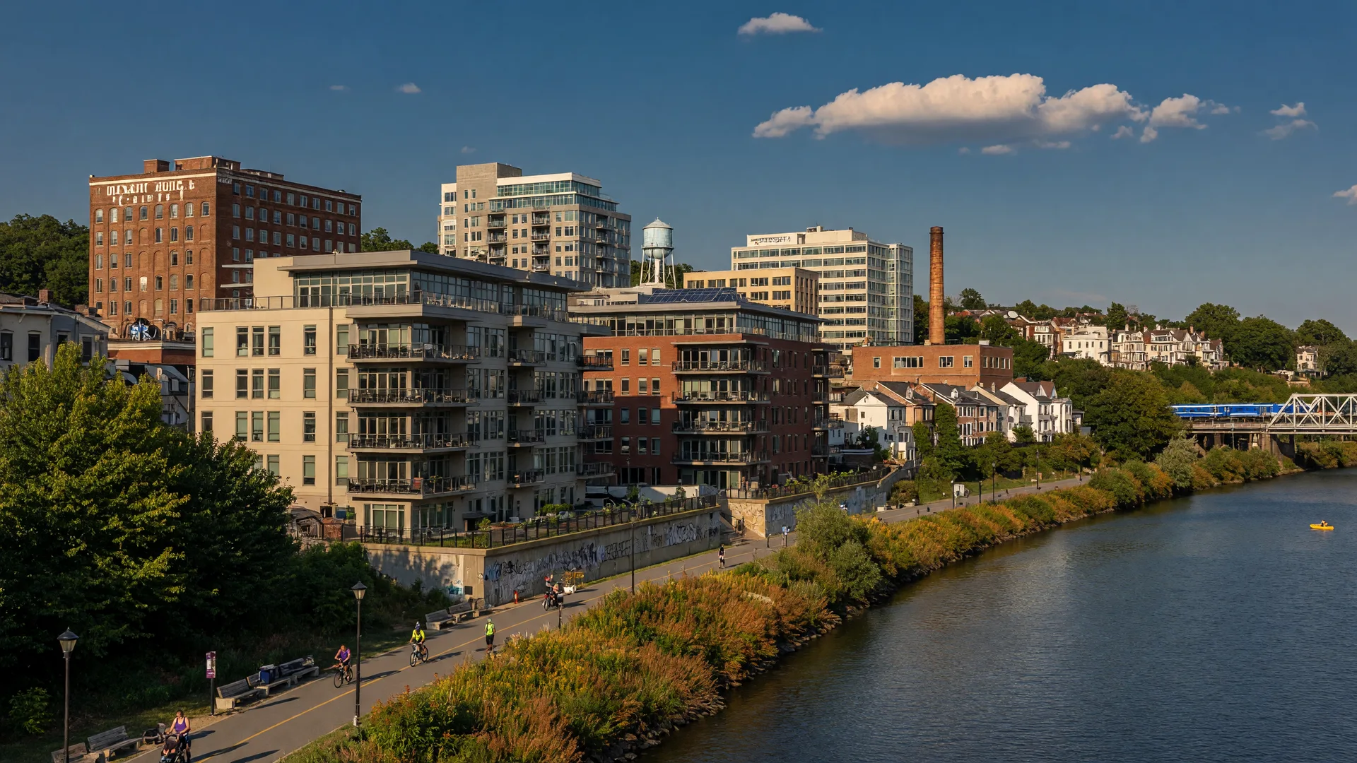 Conshohocken riverfront along the Schuylkill River with modern condos and historic buildings on a late summer afternoon