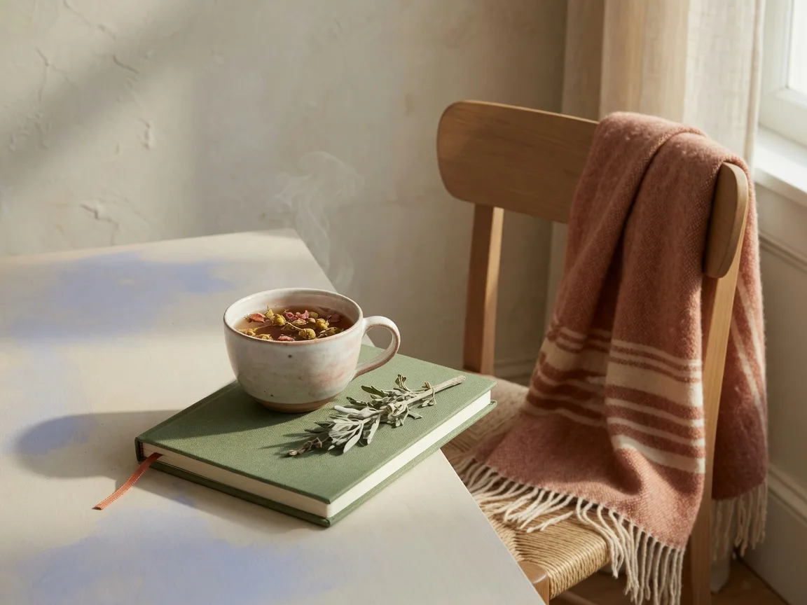 A still life of women's wellness with herbal tea, a journal, dried sage, and a warm shawl