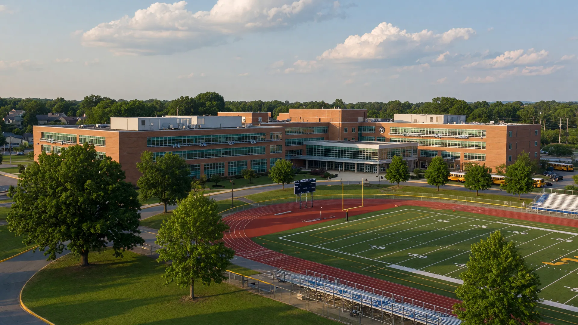 Upper Merion High School campus with modern building and sports stadium