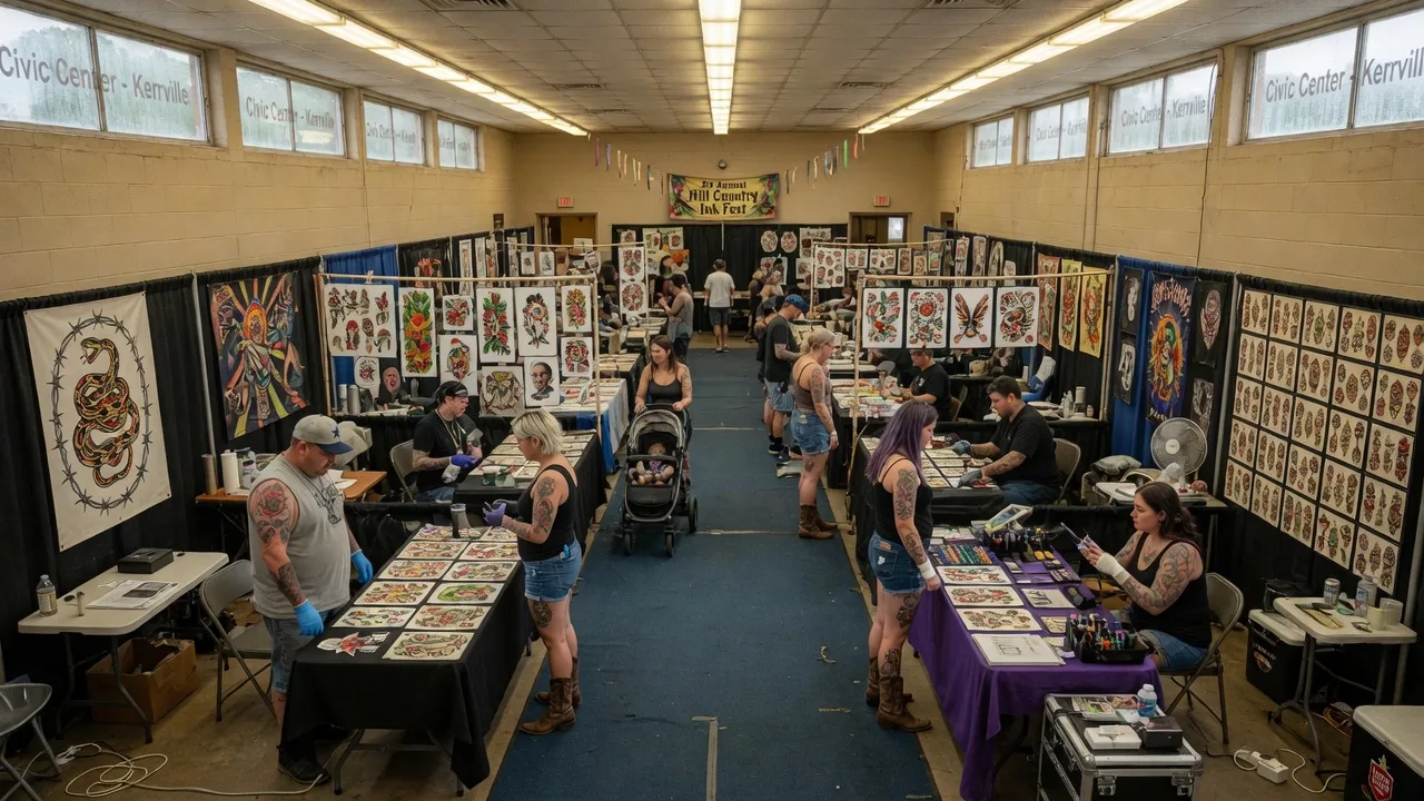 Tattoo convention inside a civic center with vendor booths, colorful artwork on display, and attendees browsing the aisles