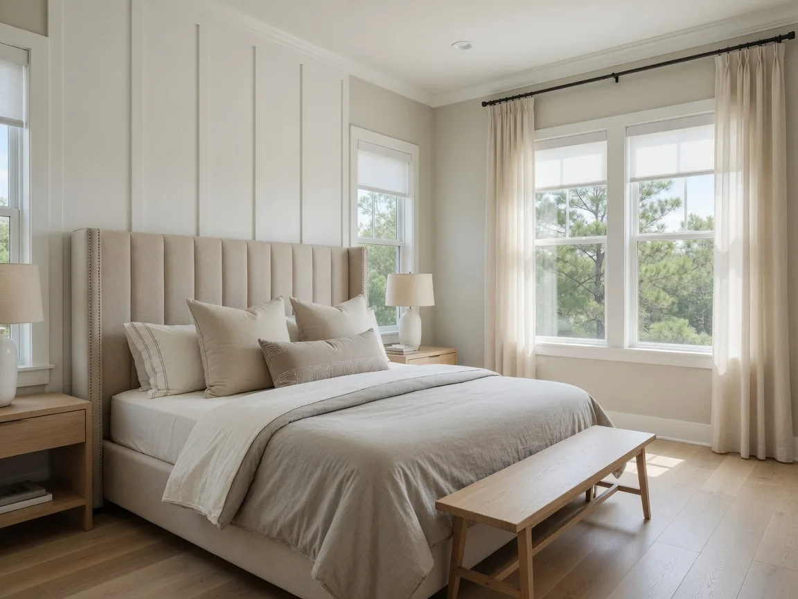 Bright primary bedroom in a new-construction home at The Preserve community area, Justin, Texas