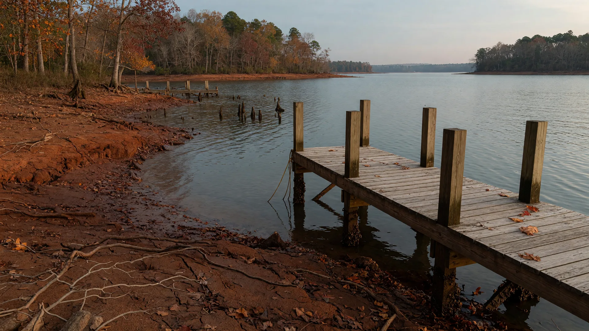 A wooden dock on Lake Murray extending over noticeably lower drawdown water, with autumn trees along the far bank