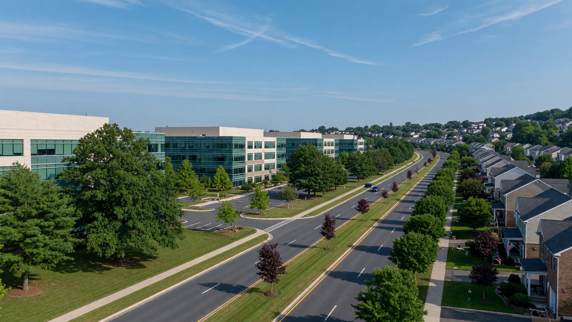 Office campuses and neighboring residential streets in Fort Washington, Pennsylvania on a clear day
