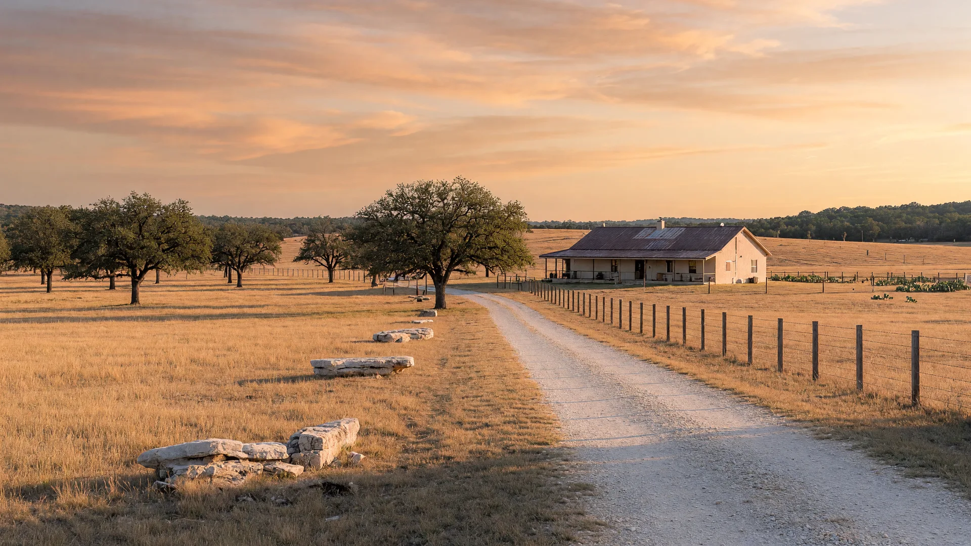 A long gravel drive leading to a ranch home on open pasture in Spring Branch Hill Country