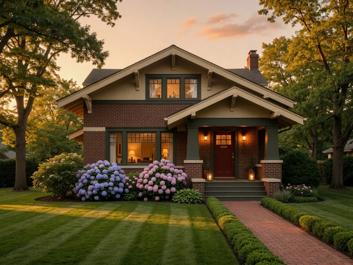 Beautifully staged craftsman-style home at golden hour with glowing windows and flowering hydrangeas