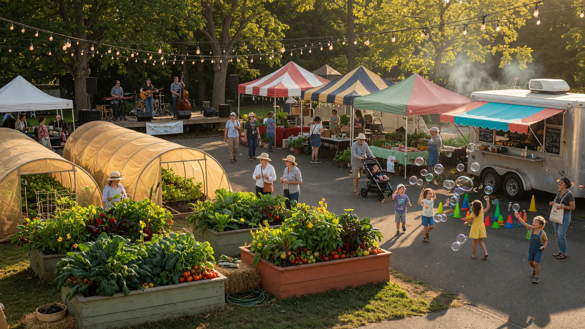 Urban farm festival with raised garden beds, vendor booths, a food truck, and a small music stage under string lights