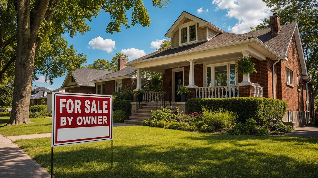 For Sale By Owner sign on the front lawn of a Hamilton Mountain brick bungalow