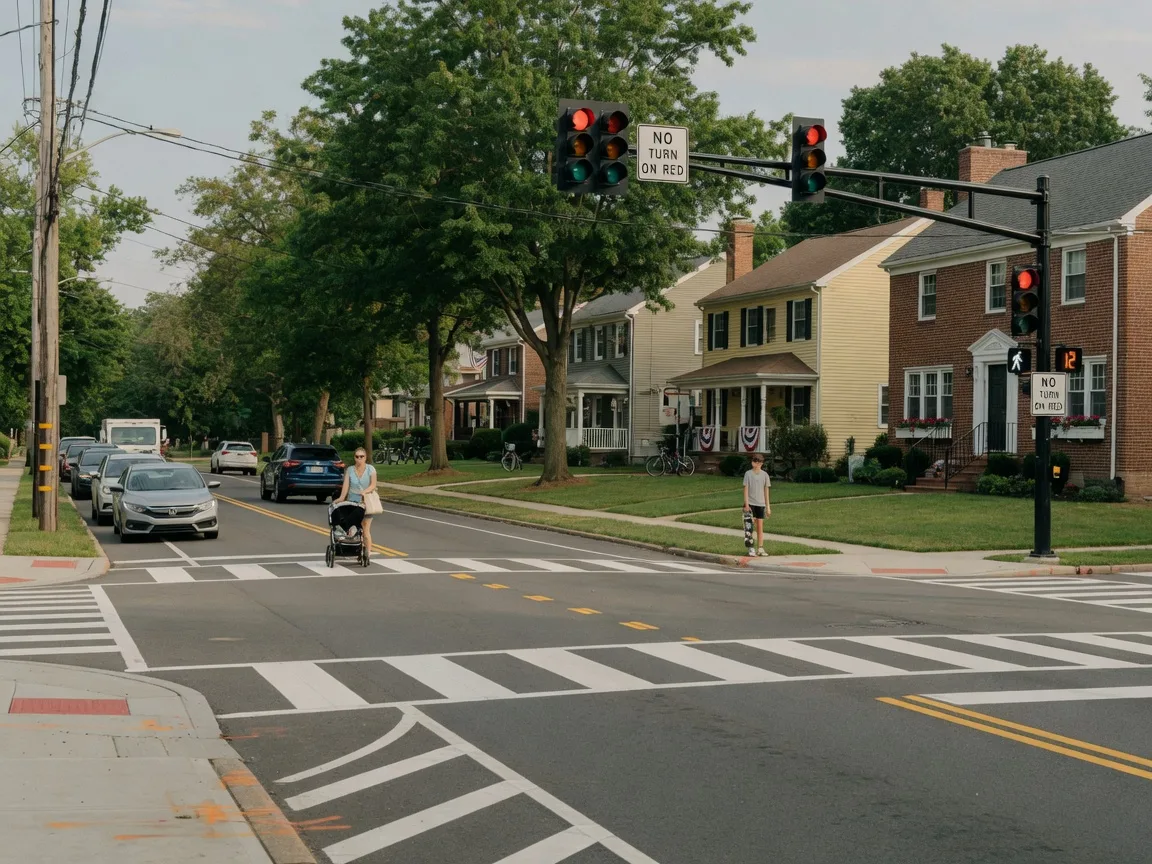 A suburban intersection in Bloomfield NJ with new traffic signals, safety signage, and fresh road markings on a calm summer day