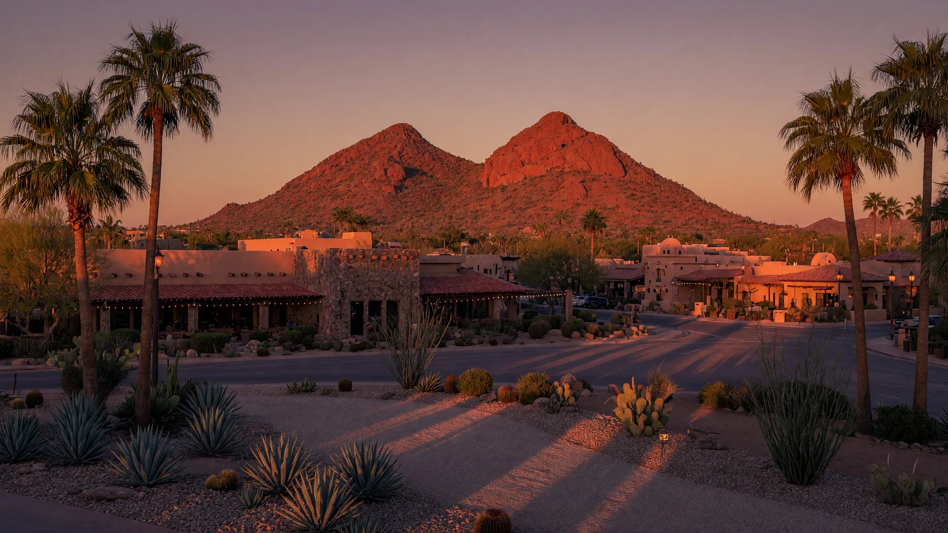 Golden hour view of Scottsdale, Arizona, with Camelback Mountain glowing behind palm-lined resort neighborhoods