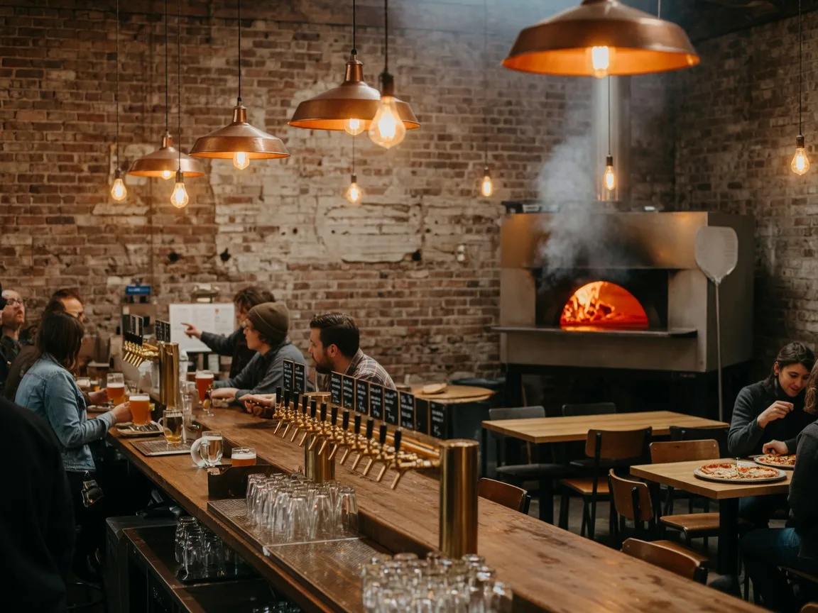 A craft brewery taproom with a long wooden bar, brass taps, and exposed brick under warm lighting, representing The Town Brewery in downtown Whitby