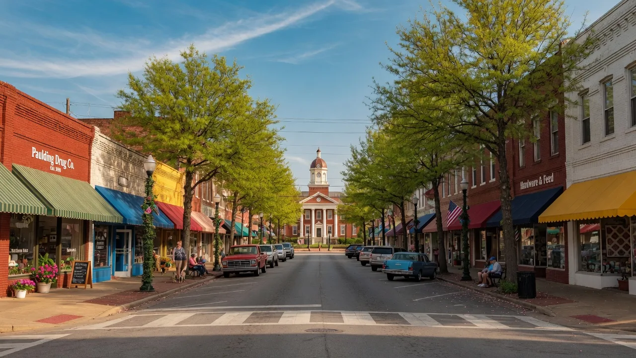 Historic downtown Dallas, Georgia on a warm spring afternoon, with brick storefronts, shade trees, and the Paulding County courthouse in the distance