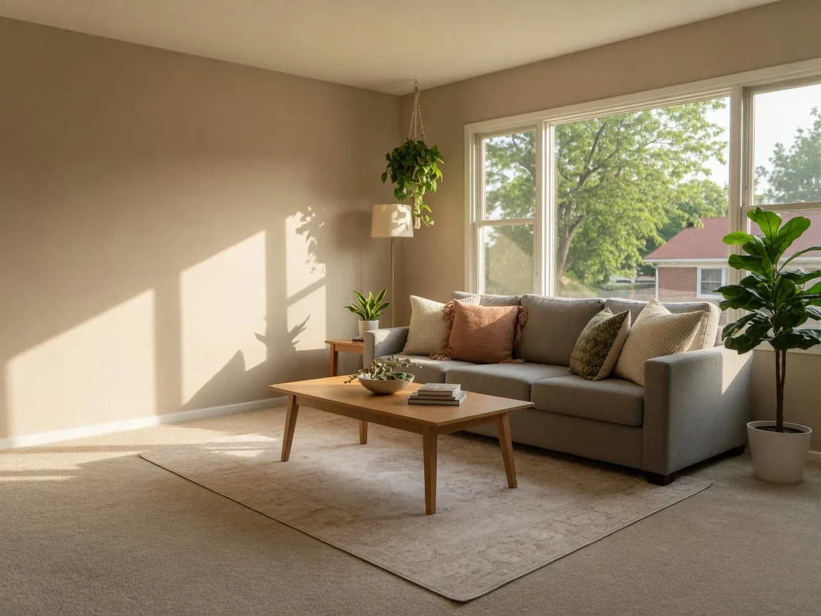 Bright staged living room with a gray sofa, wooden coffee table, and houseplants, ready for a buyer tour