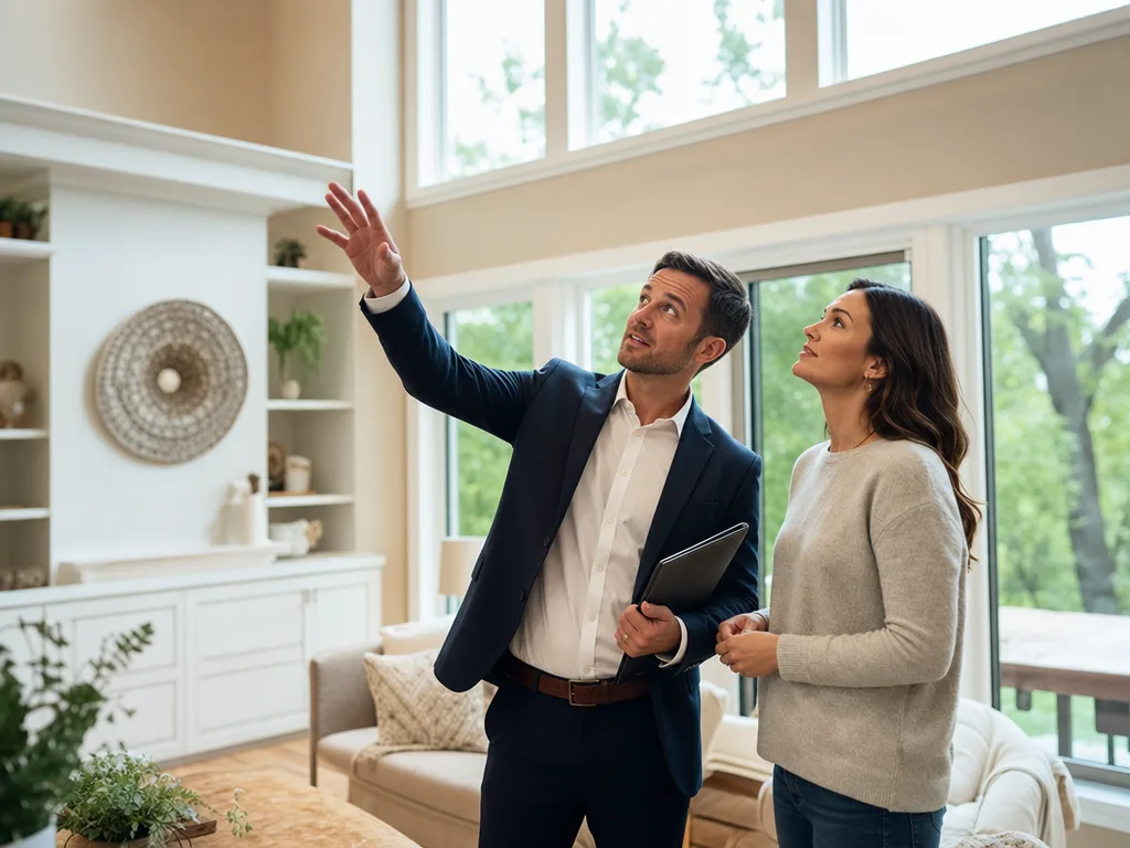 Real estate agent pointing out details to a home buyer in a bright living room with natural light