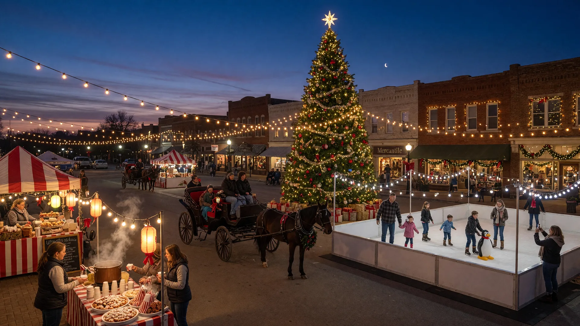 Holiday tree-lighting kick-off evening on Broken Arrow's Rose District main street with a glowing Christmas tree, an outdoor ice skating rink, and a horse-drawn carriage