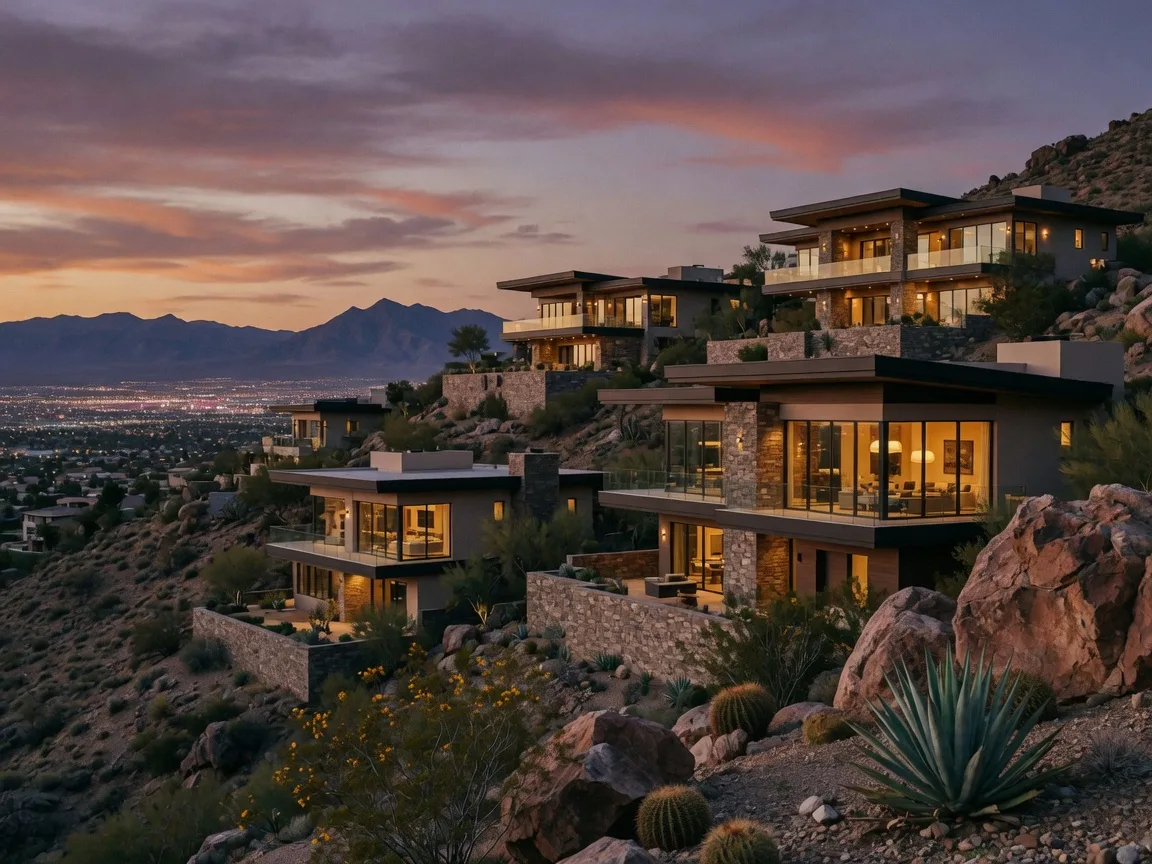 Modern luxury estate homes at dusk on the McCullough foothills in MacDonald Highlands, Henderson Nevada